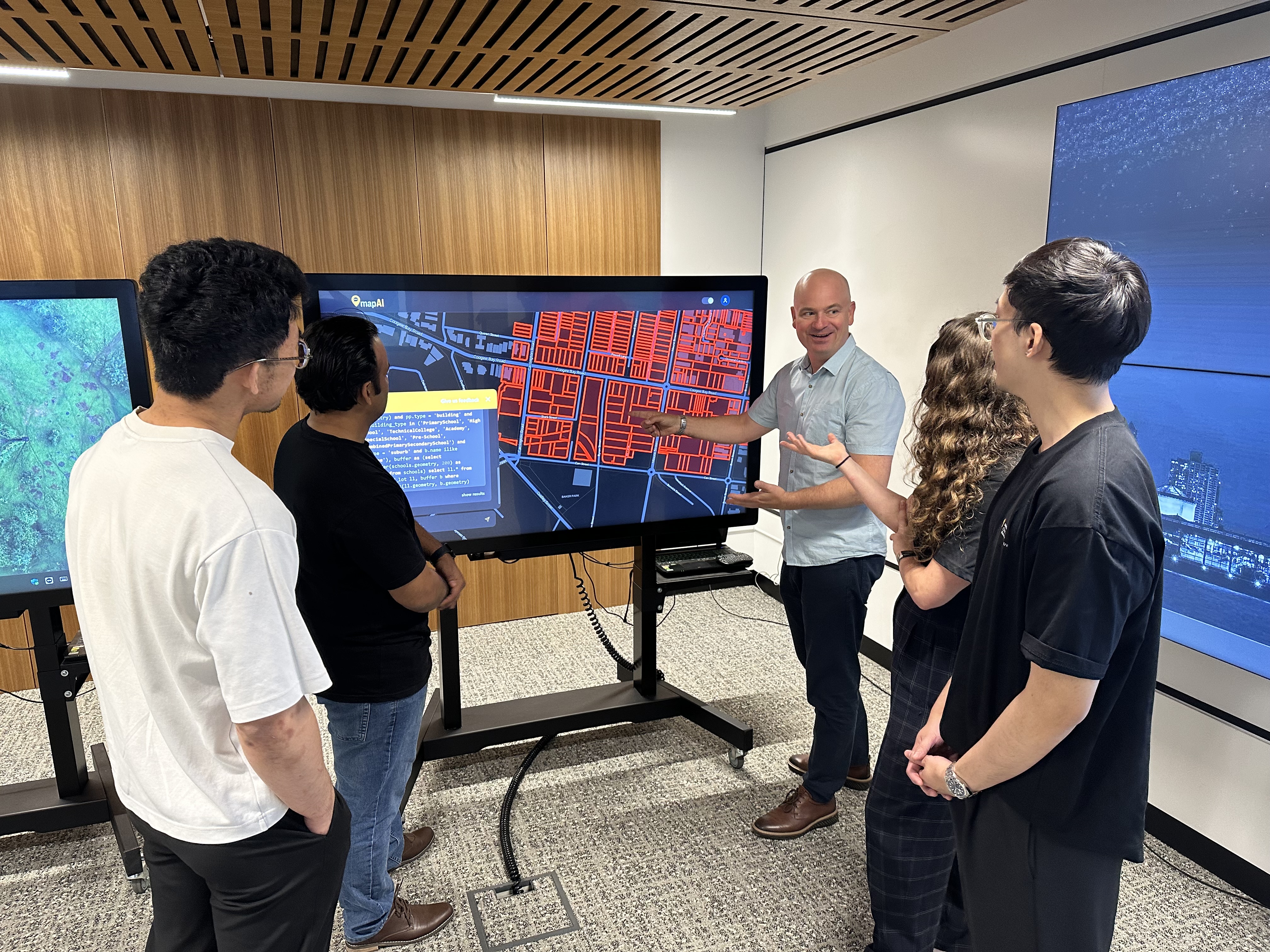 Founders Professor Chris Pettit and Dr Balamurugan Soundararaj demonstrate MapAI in the interactive City Analytics Lab